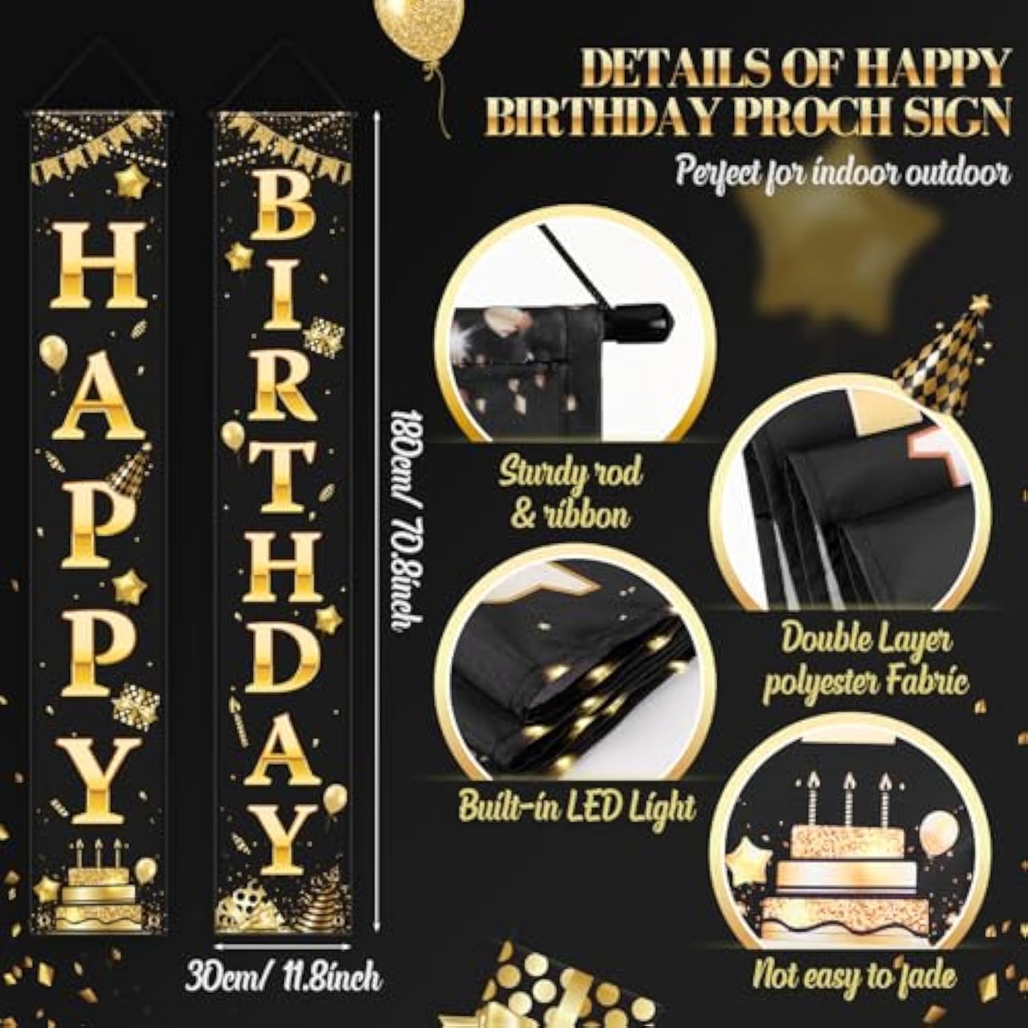 Happy Birthday Banner With Lights 71 X 12 Inch Led Happy Birthday Decoration Door Banner Party Porch Sign Outdoor Indoor Hanging Supplies For Women Men(Black Gold)