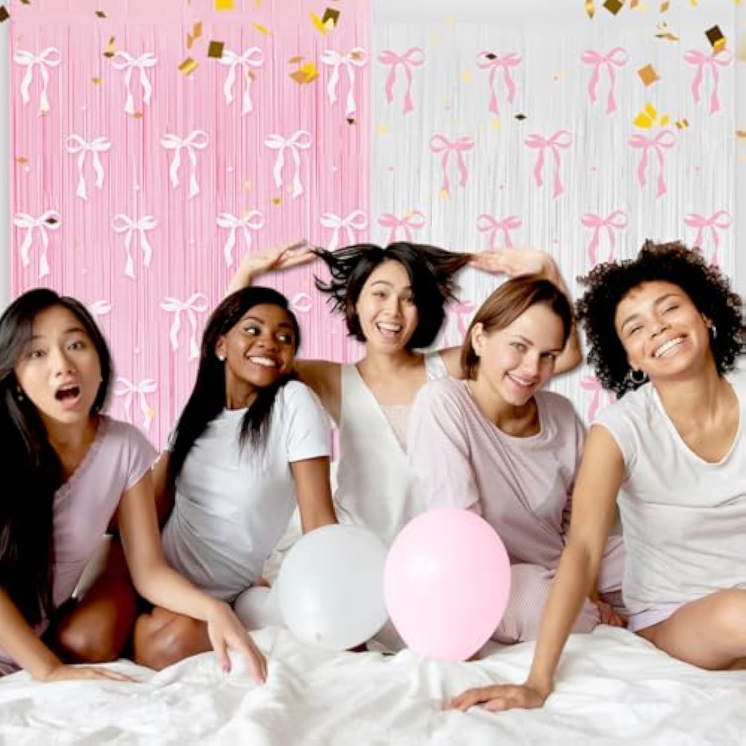 4 Pack Pink Bow Party Backdrop Decoration Pink Bow Foil Fringe Curtains For Girls Bow Birthday Baby Shower Decorations Bridal Shower Bachelorette Party Decor Supplies 3.2Ft X 8.2Ft