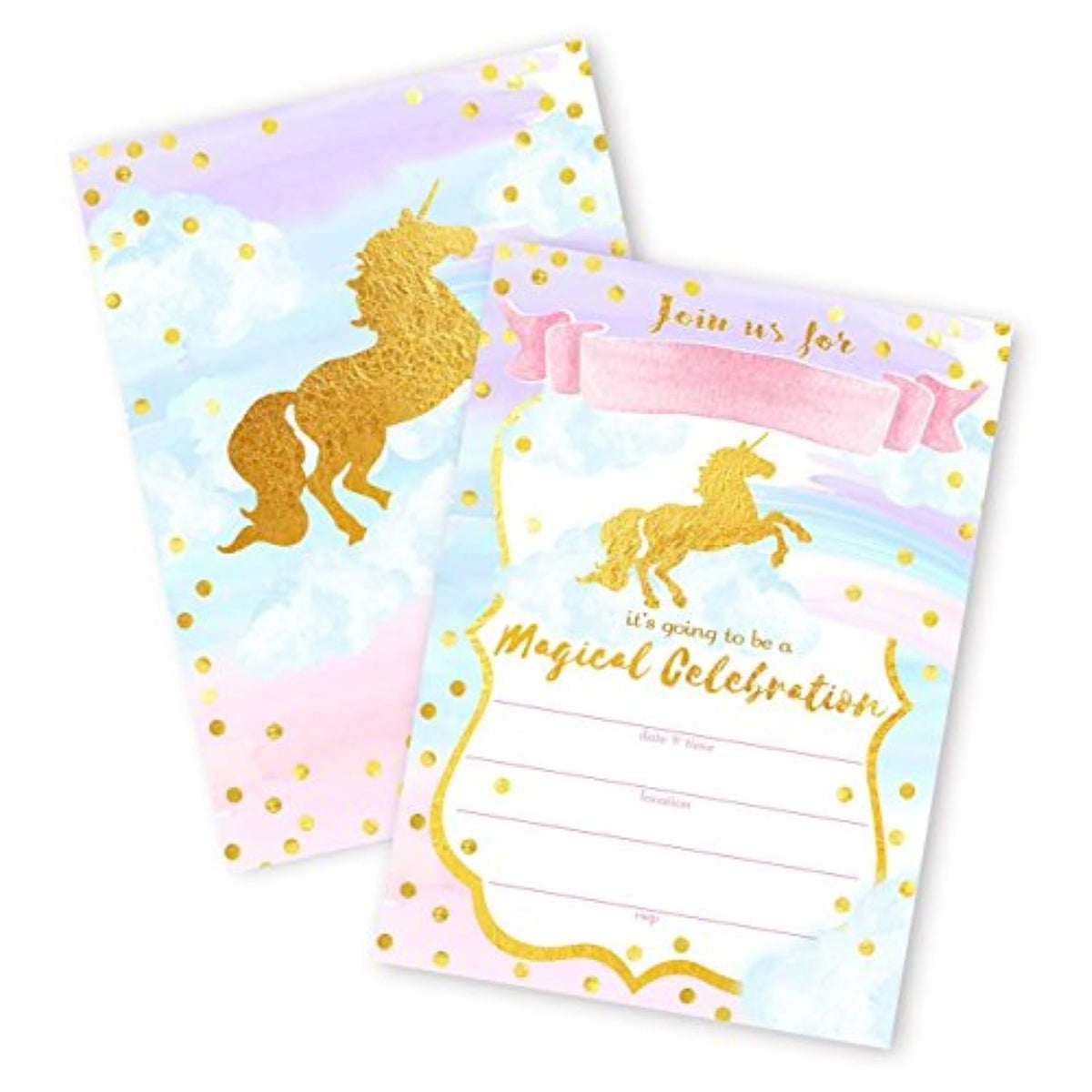Magical Unicorn 12 Large Invitations - 12 Invitations + 12 Envelopes - Double Sided