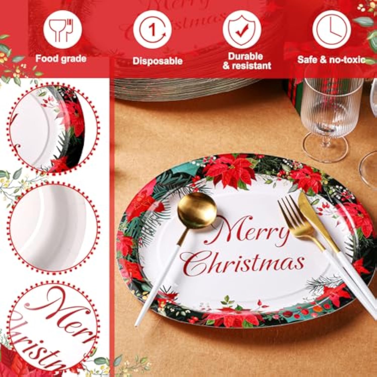 50 Pcs Christmas Paper Plates 10'' X 12'' Oval Disposable Plates Winter Floral Paper Plates Poinsettias Theme Platters For Merry Christmas Supplies Holiday Picnic Dinner Party Tableware