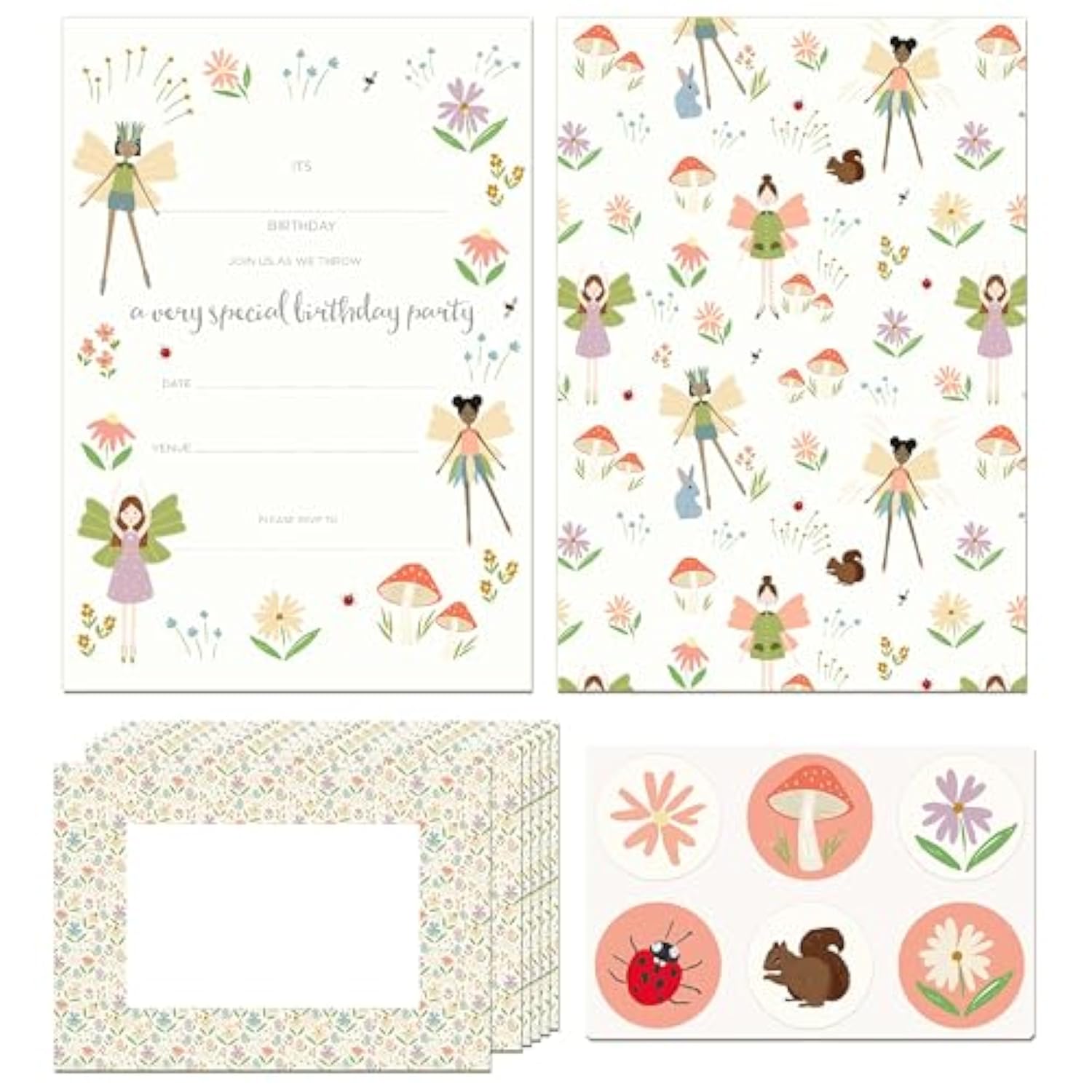 Pastel Woodland Fairy Theme Invitation Card Envelope Stickers Girls Enchanted Party Decorations Forest Garland Theme Birthday Invites For Kids Fairy Birthday Invitation 36Pcs