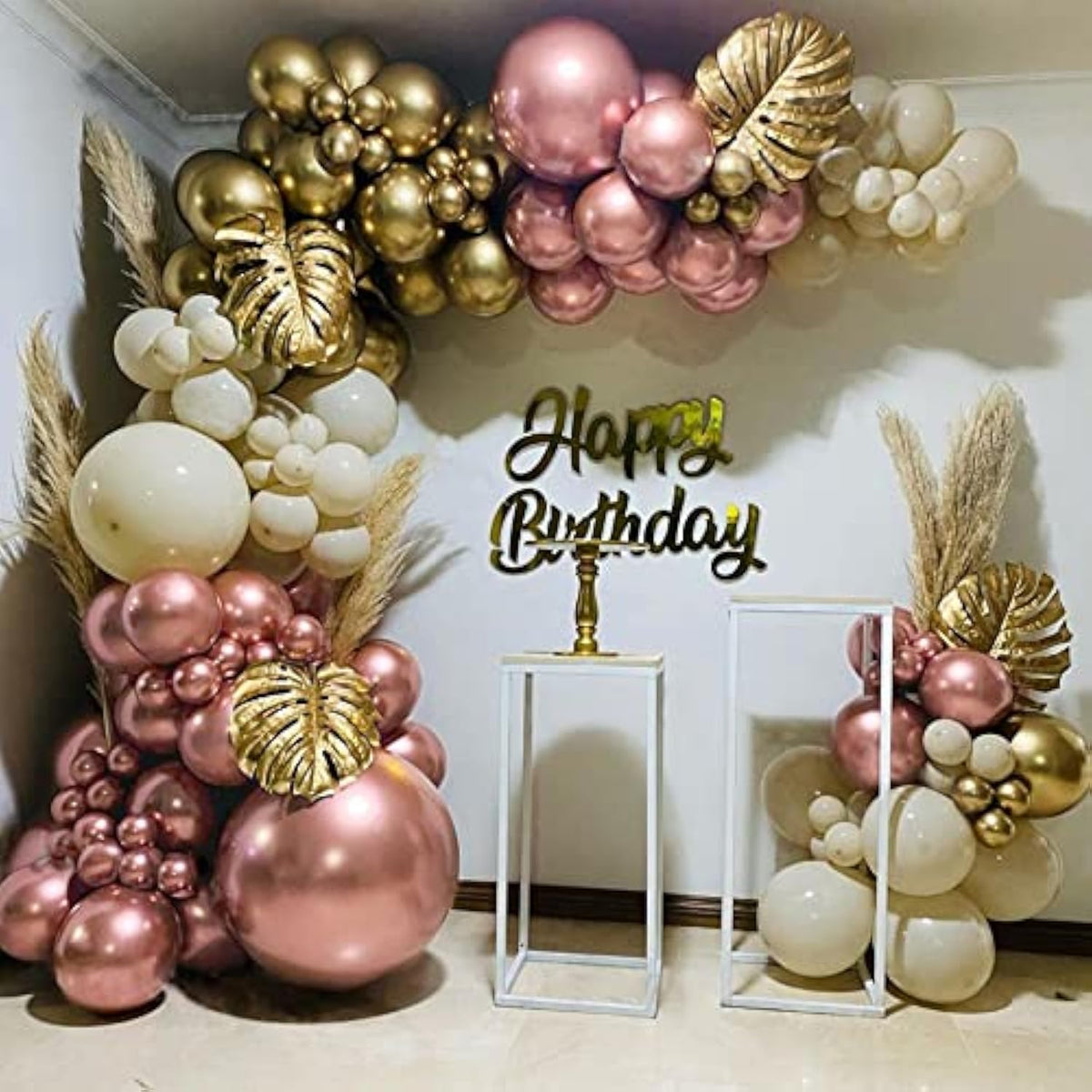Rose Gold Balloon Arch Kit: 126-Piece Garland with Gold Leaves
