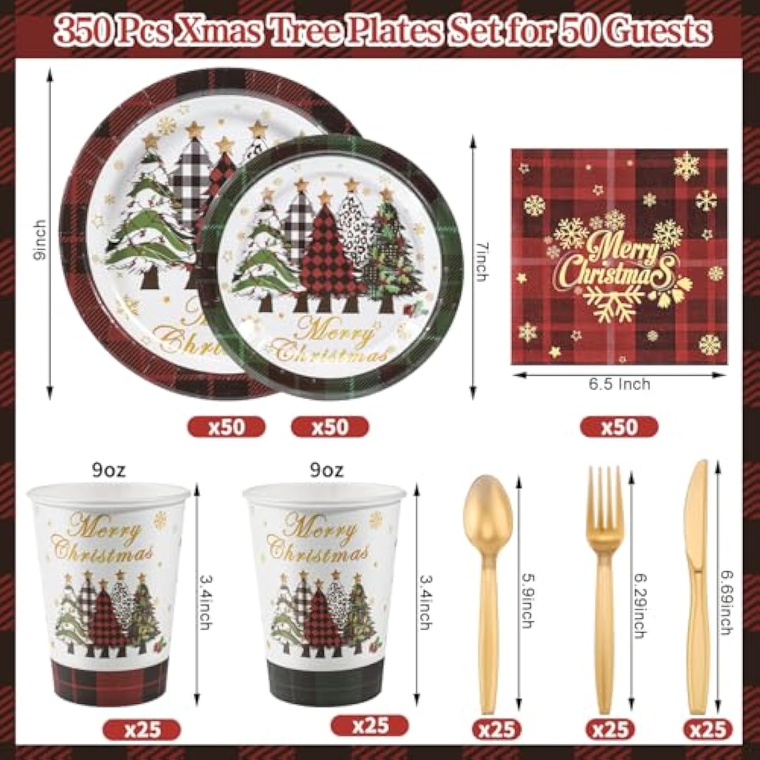 350 Pcs Christmas Paper Plates And Napkins Set, Buffalo Plaid Xmas Tree Disposable Dinnerware Set Holiday Party Plates For Xmas Winter New Year Holiday