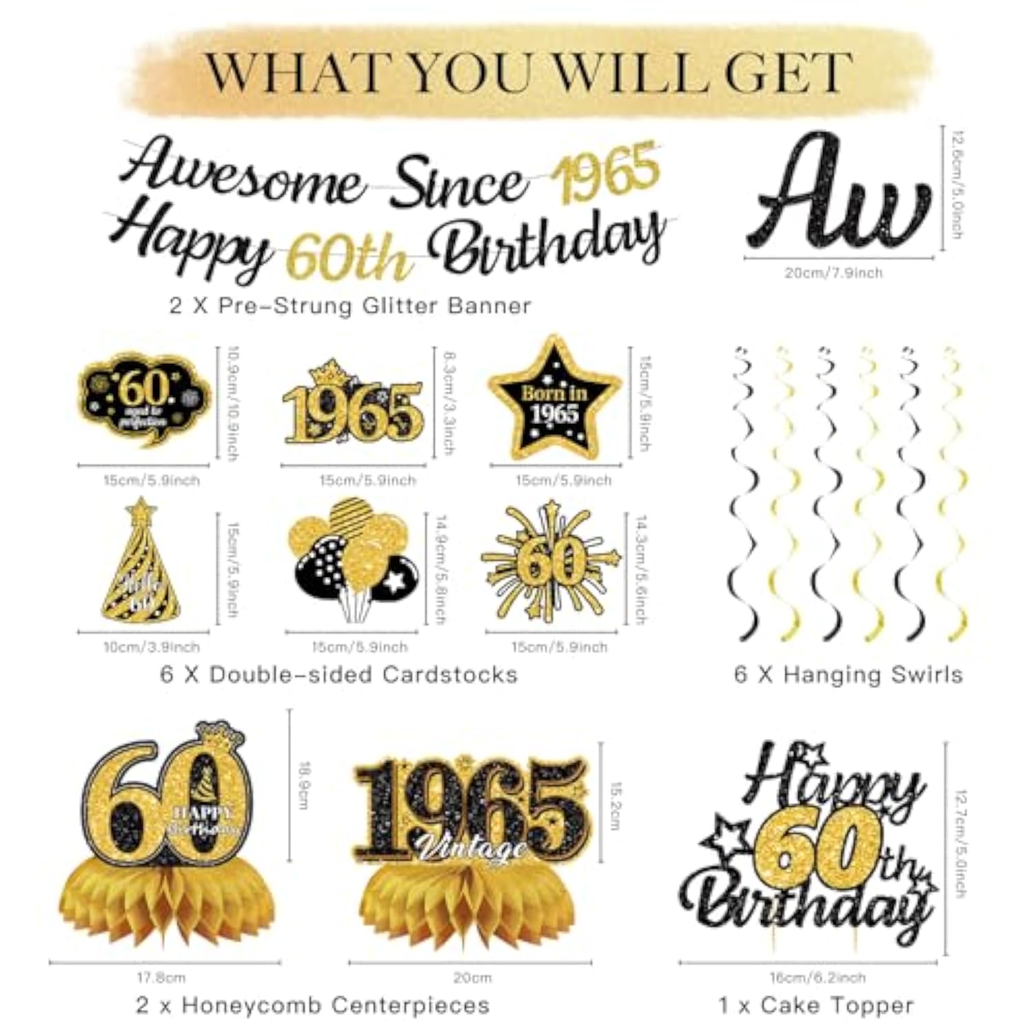 60Th Birthday Decorations For Men Women, Black Gold Awesome Since 1965 Happy 60Th Birthday Banner Swirls Cake Topper Party Supplies, Sixty Years Bday Honeycomb Centerpiece Sign Decor