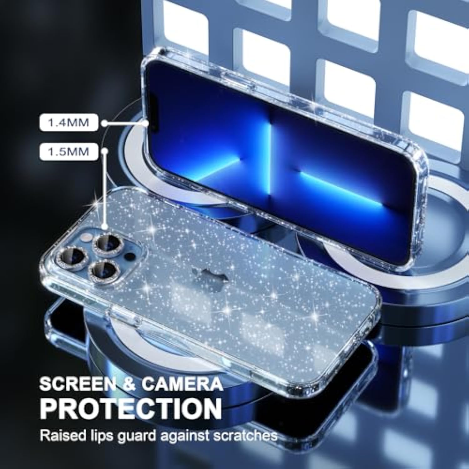 Compatible Iphone 13 Pro Max Case Cute, Women Clear Glitter Bling Sparkly Case, [3 X Diamond Camera Lens Protectors] [Non-Yellowing Shockproof Protective Cover] 6.7-Inch (Glitter Clear)