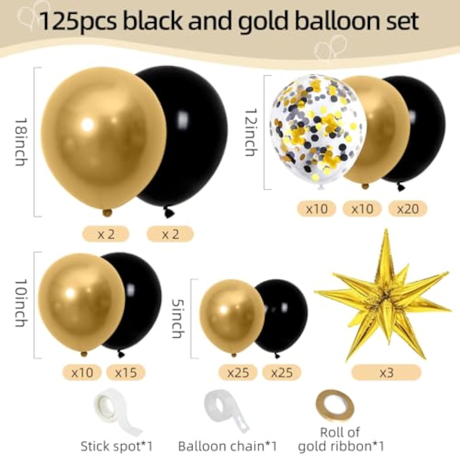 125pcs Black Gold Balloon Arch Kit with Star Balloons for Party & Celebration