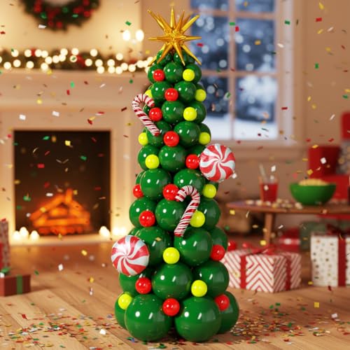143Pcs Christmas Tree Balloon Arch Garland Kit with Dark Lime Green Red Star Cane Candy Balloons for Christmas Party Decoration, Holiday Birthday Supplies, Xmas Balloon Garland