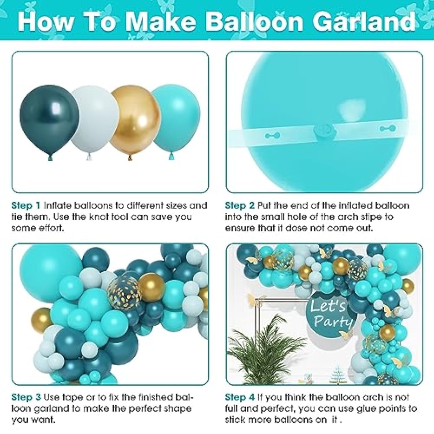 Teal Balloons Garland Arch Kit, 148Pcs Dark Teal Diffan Blue Turquoise Metallic Gold Balloon With 12Pcs Gold Butterfly Stickers For Birthday Baby Bridal Shower Wedding Party Backdrop Decorations