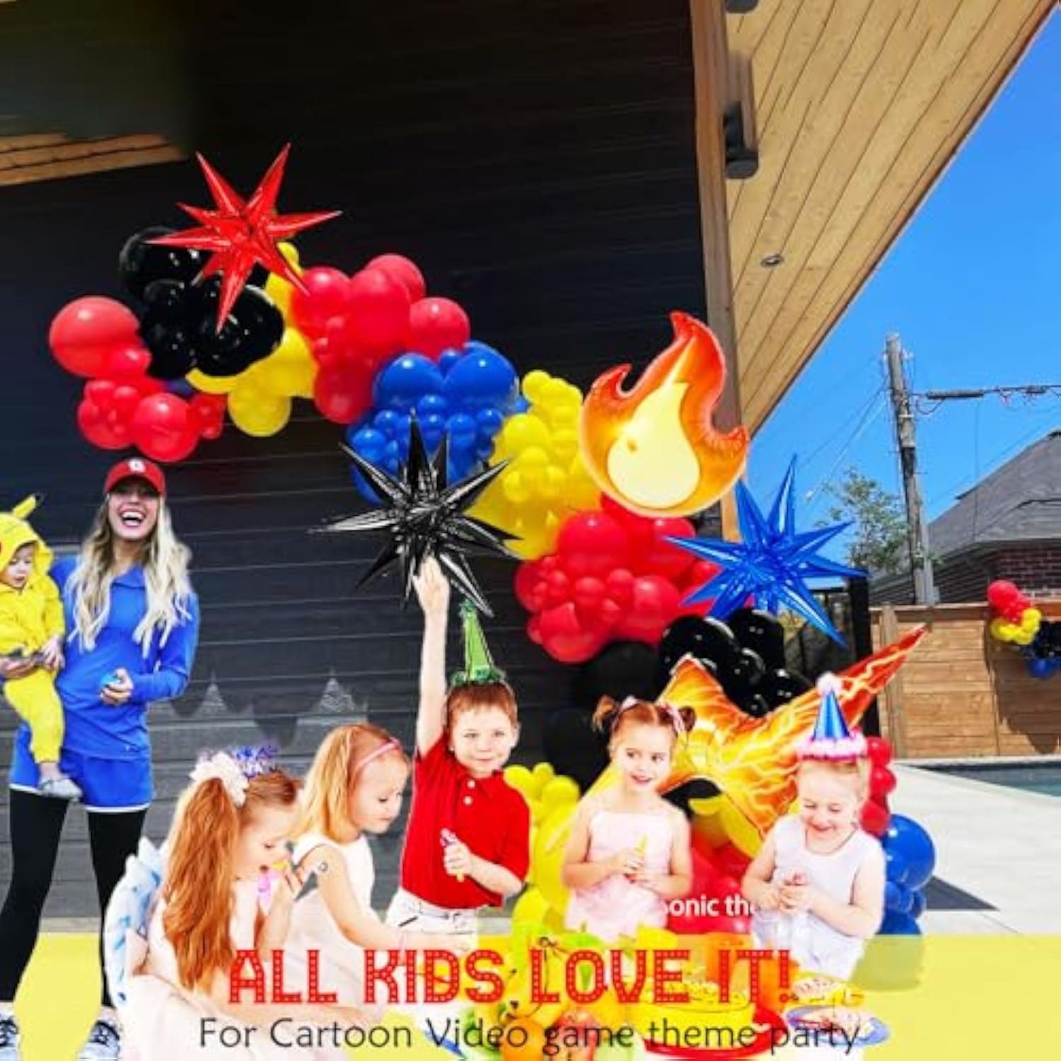 Red Yellow Blue Black Balloon Garland Kit 130Pcs With Flash Lightining Fire Starburst Mylar Balloons For Cartoon Birthday Poke Theme Ball Party Decorations