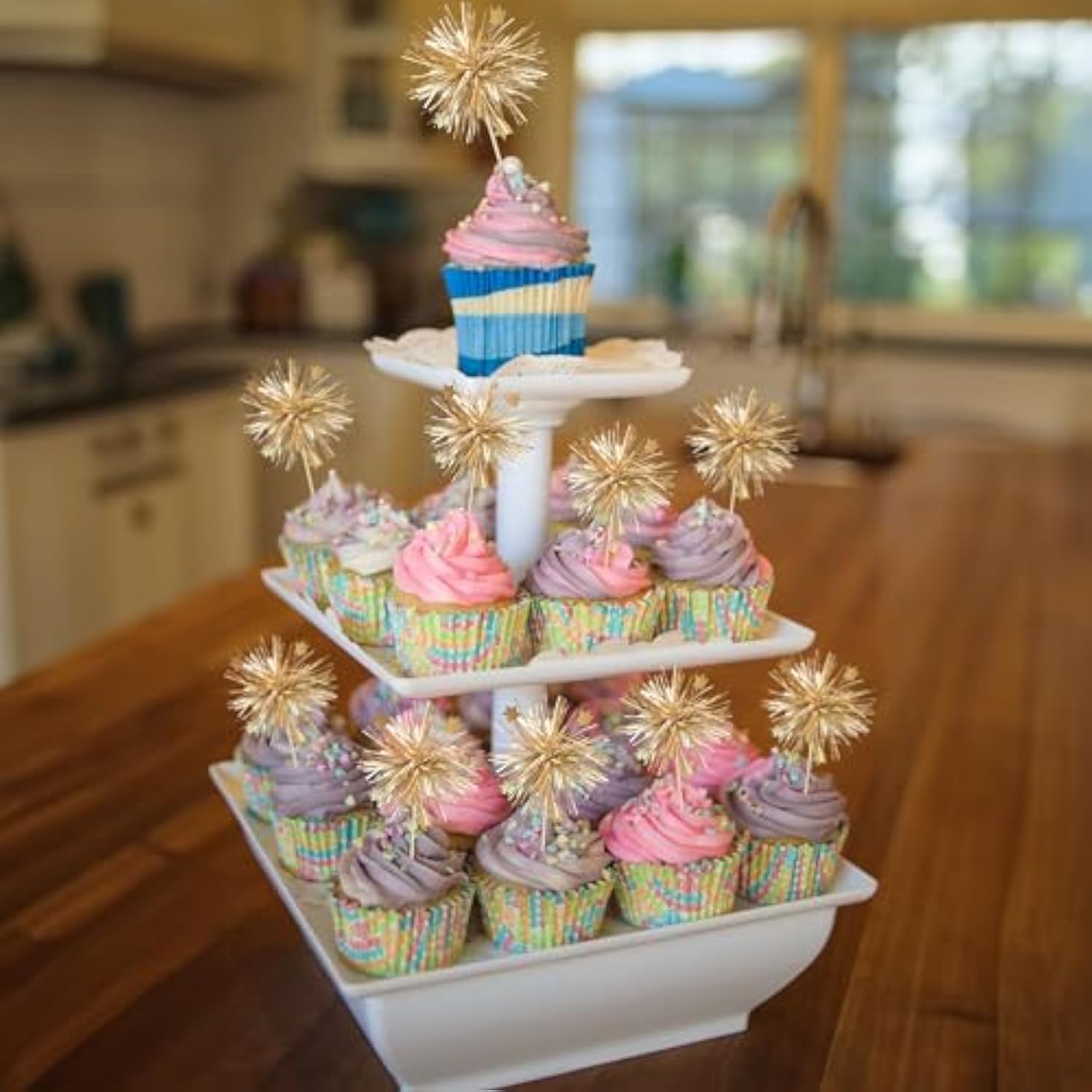 30Pcs Foil Firework Cupcake Toppers Happy Birthday Cake Toppers Sparkle Tinsel Flower Drink Stirrers Cocktail Food Fruit Toothpicks For Valentine'S Day Party Supplies Gold