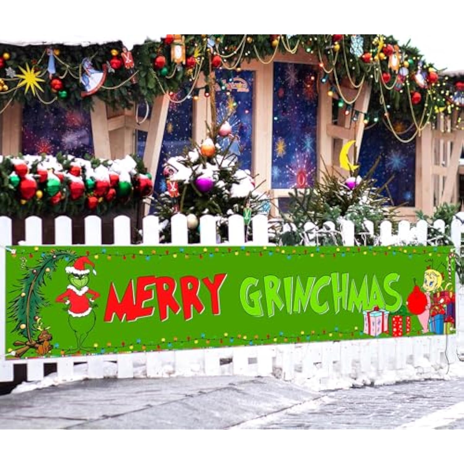 Green Christmas Fence Banner Winter Holiday Party Decoration Xmas Large Home Garden Outdoor Yard Hanging Sign Decor-1.6 * 8.2Ft (Green-A)