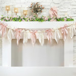1 Pcs White Pink Bow Garland Banner, Satin Ribbon Hanging Party Bow Garland Decoration For Birthday Baby Shower Wedding Party Supplies