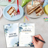 Shhh It'S A Surprise Birthday Invitations For Kids, Blue Floral Birthday Party Invitation Cards, Gold Foil Party Celebration Supplies Decoration -20 Fill In Invitations With Envelopes (B13)