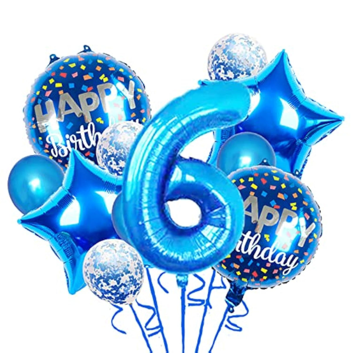 11 Pc Blue 6th Birthday Foil Balloons & Confetti Balloon Set for Kids Party Decor