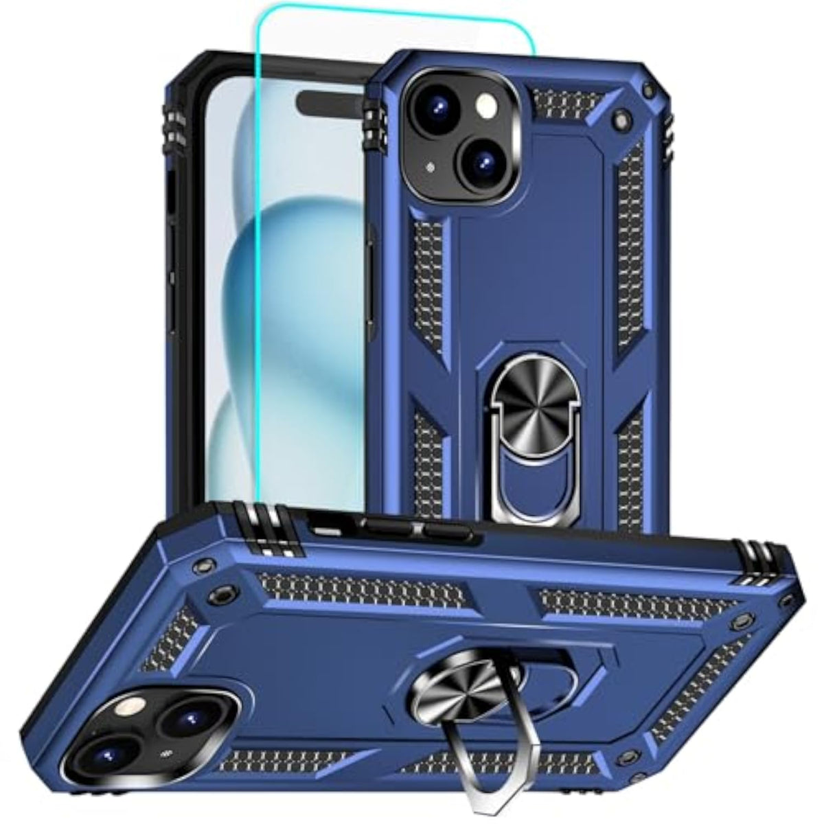 iPhone 15 Case with Screen Protector and 360° Rotatable Kickstand, Military Grade Shockproof Cover, Blue