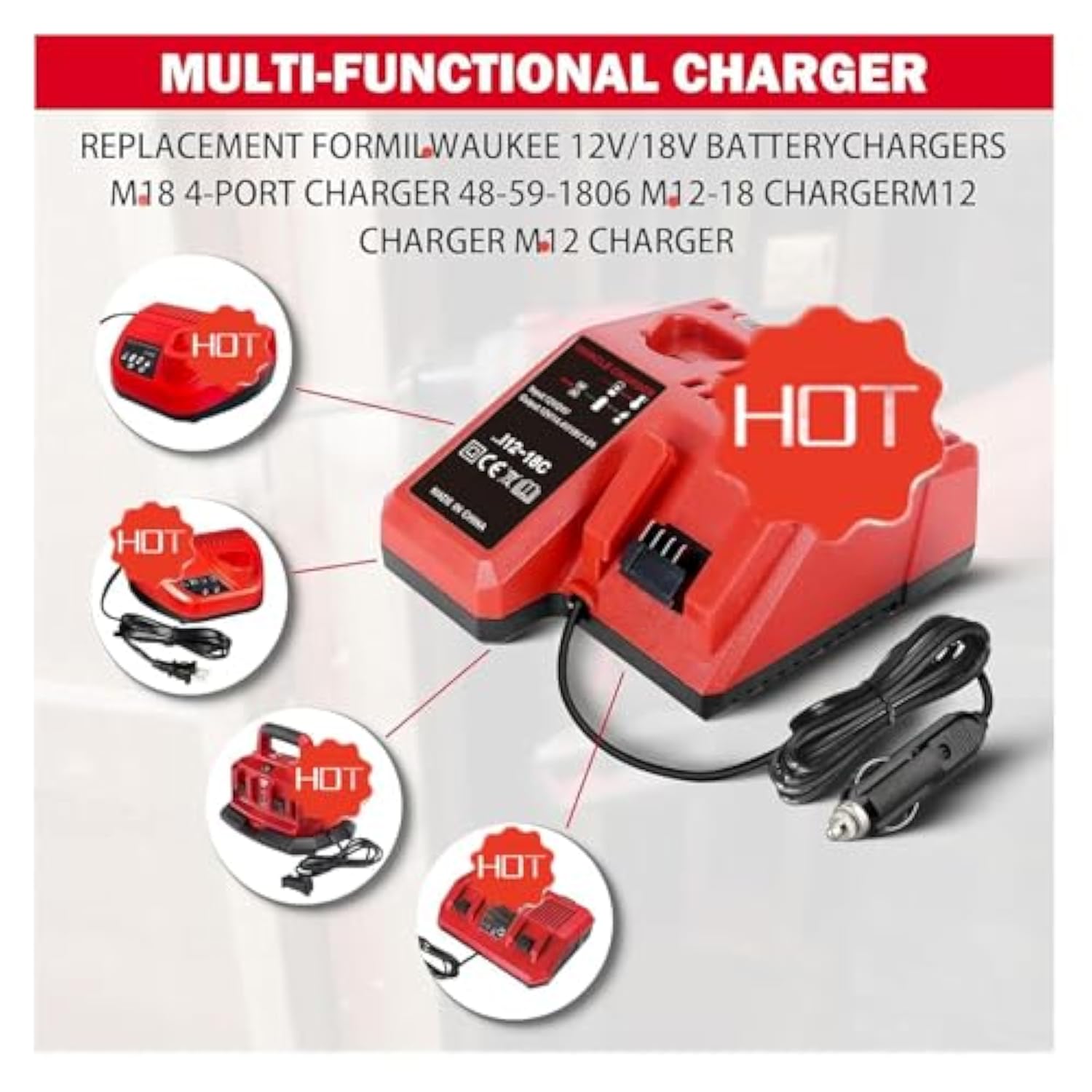 Replacement For Milwaukee Electric Tools Corp 48-59-1810 Vehicle Or M-12 M-18 Car Charger,For Milwaukee 48-11-2420 48-11-1815 48-11-1840 48-11-1841 48-11-1850 12V 18V Xc Lithium-Ion Battery