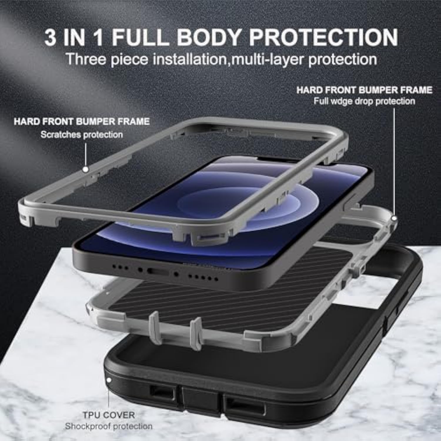For Iphone 12 Mini Case, Military Grade 3 In 1 Heavy Duty Shockproof/Drop Proof/Dust Proof Case With 2Pcs Tempered Glass Screen Protector (Black/Grey)