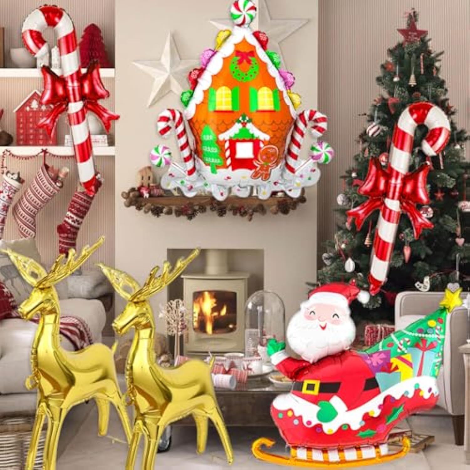 6Pcs Christmas Balloons Set - Large Santa, Reindeer, Candy Cane Foil Balloons For Christmas Party Decor