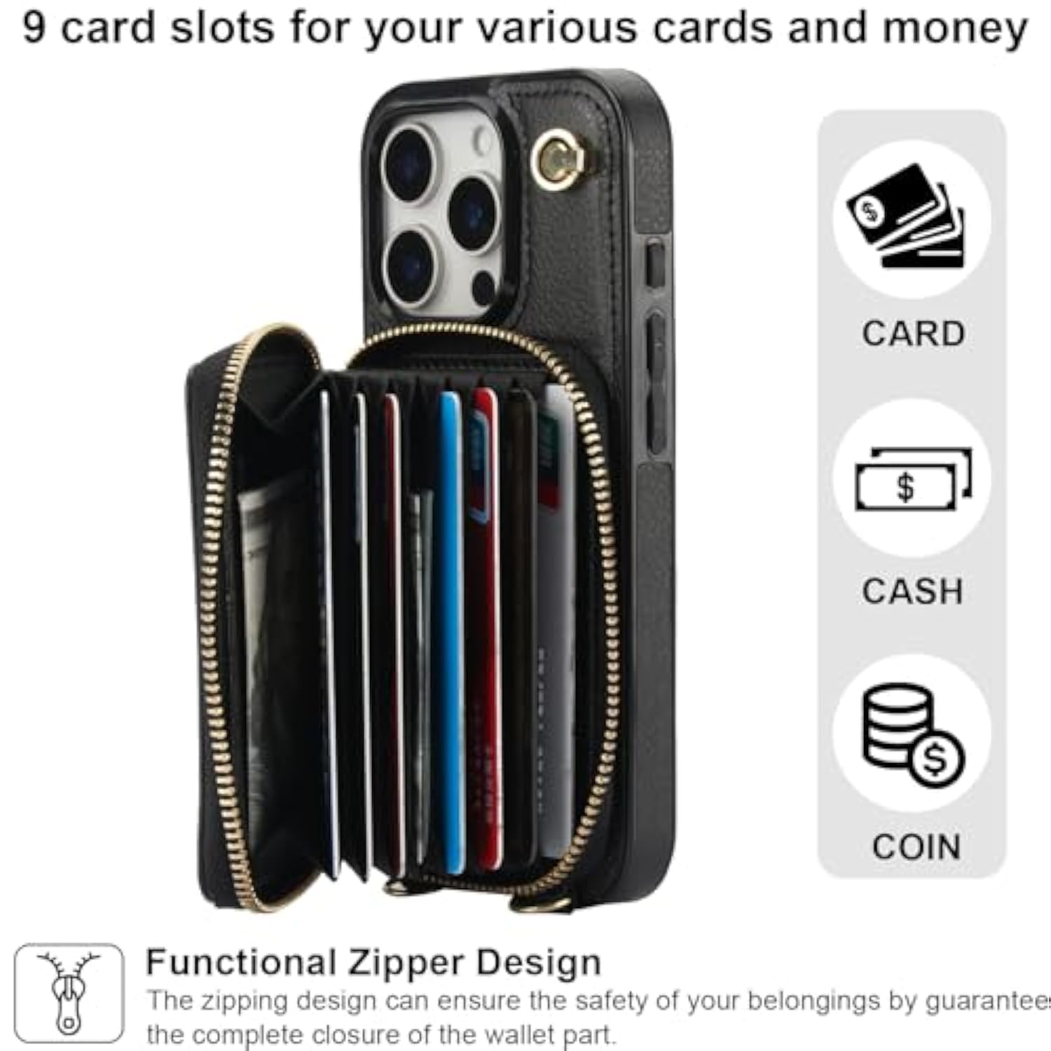 Crossbody Wallet Case For Iphone 16 Pro, Rfid Blocking Leather Purse Case With Card Holder, Protective Handbag Flip Cover With Zipper Wrist Strap Lanyard For Women 5G 6.3 Inch (Black)