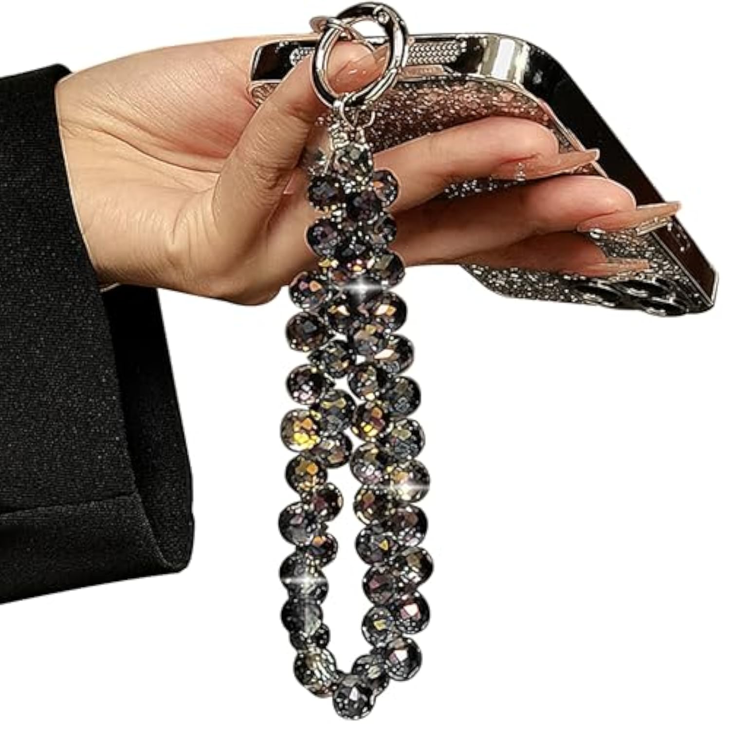 Beaded Black Phone Wrist Strap Sparkling Lanyard Bracelet for Women