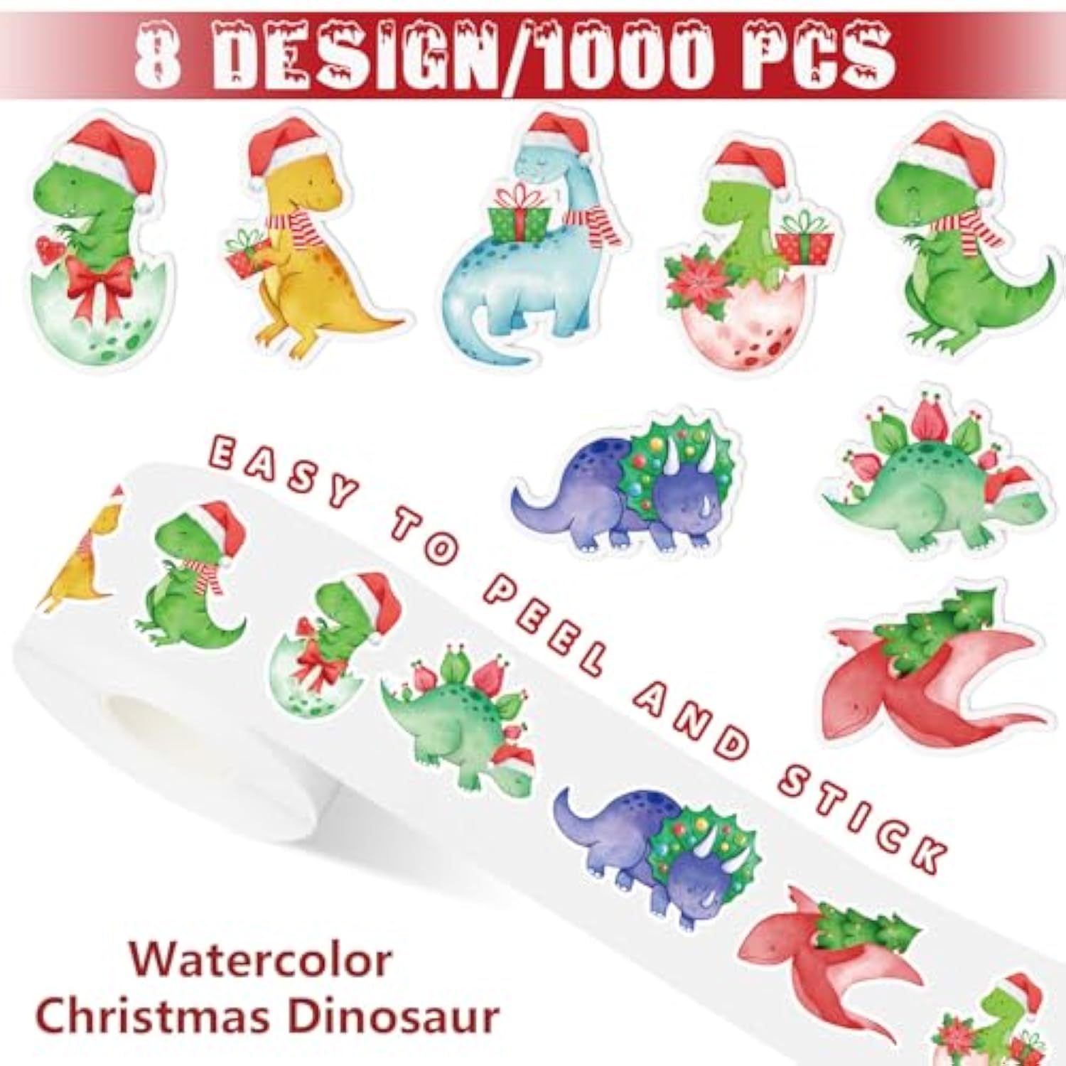 1000Pcs Christmas Paper Sticker Watercolor Dinosaur Decal Jurassic Animal Self-Adhesive Sticker Label For Xmas Winter Gift Card Party Supplies, 1.5 In