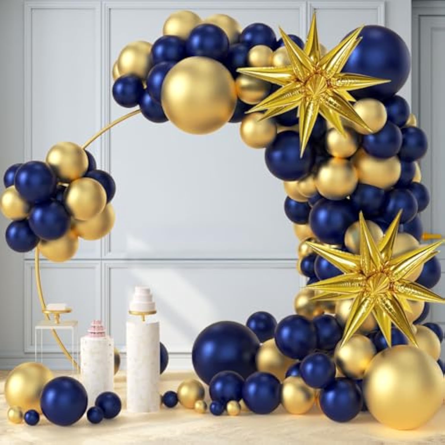 Navy Blue And Gold Balloons Arch Garland Kit, 5 10 12 18 Inch Royal Blue Gold Balloons With Explosion Star Balloons 101Pcs Balloons For Anniversary Wedding New Year Birthday Party Decorations