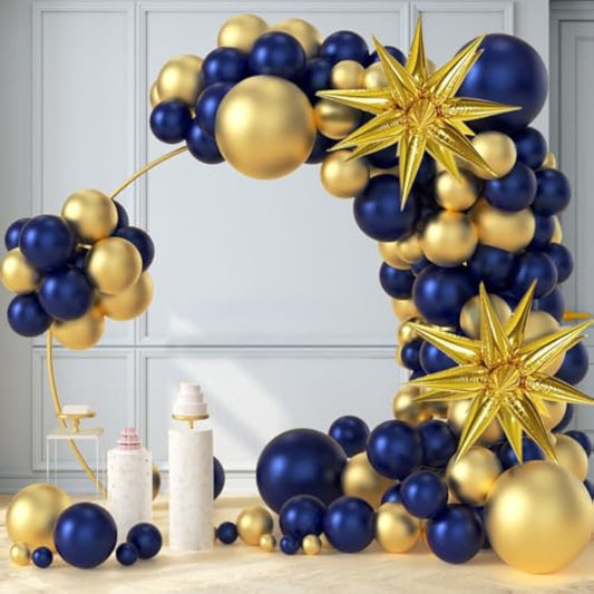 Navy Blue And Gold Balloons Arch Garland Kit, 5 10 12 18 Inch Royal Blue Gold Balloons With Explosion Star Balloons 101Pcs Balloons For Anniversary Wedding New Year Birthday Party Decorations