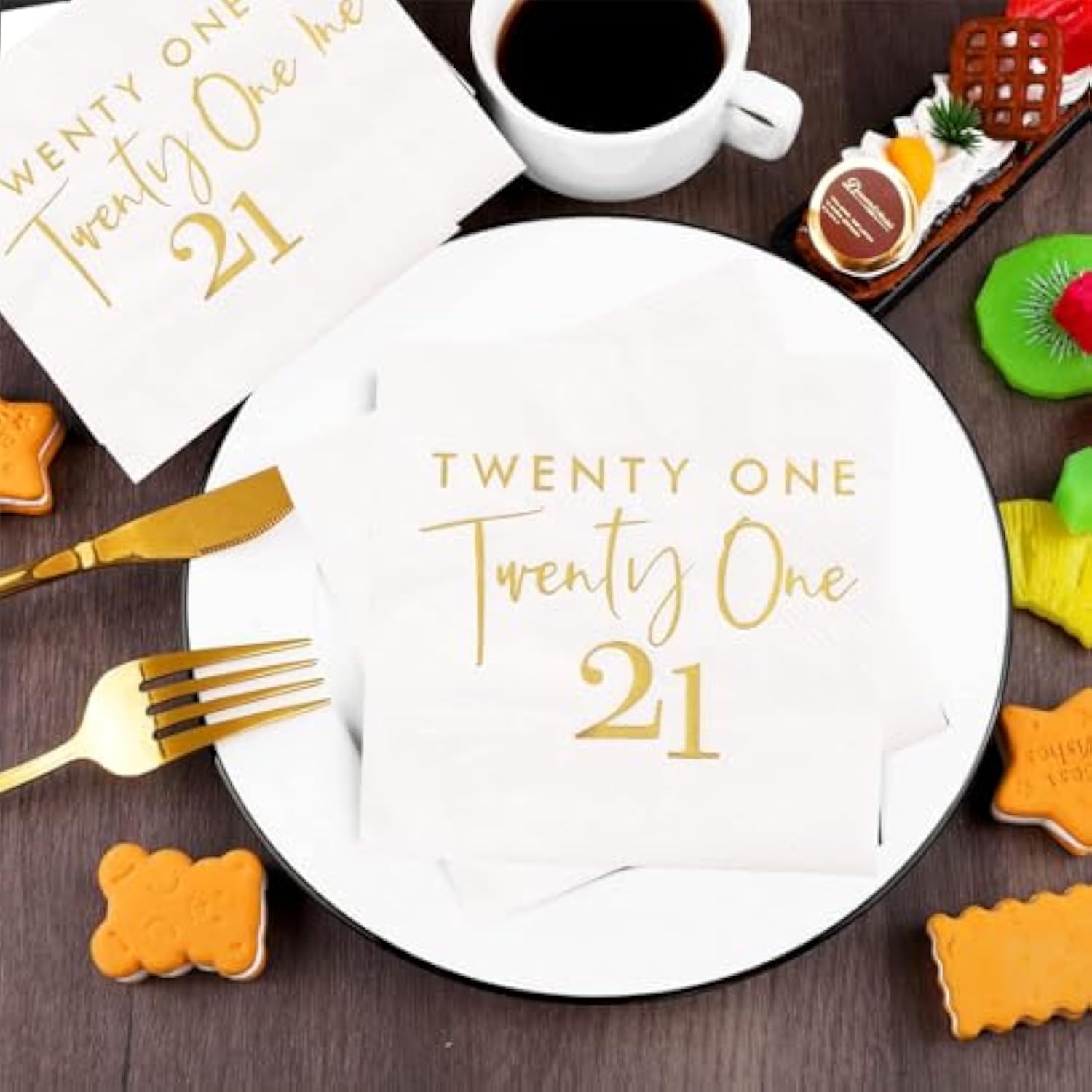 40 Pcs White Gold 21st Birthday Cocktail Napkins 10x10 Inch Disposable Supplies