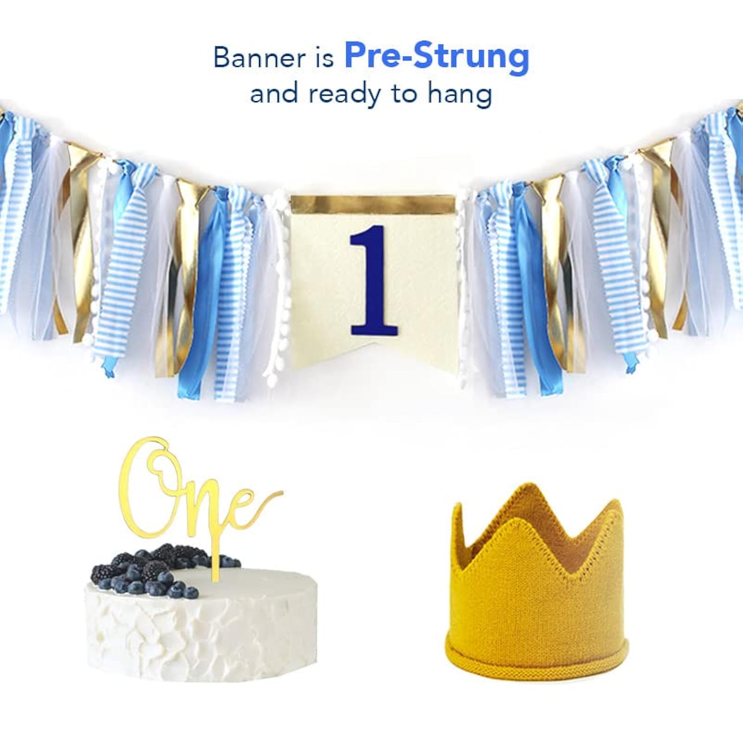 Baby Boy 1St Birthday Party Decorations By , Blue And Gold Set, Ribbon High Chair Banner, Birthday Crown Hat, Gold Cake Topper