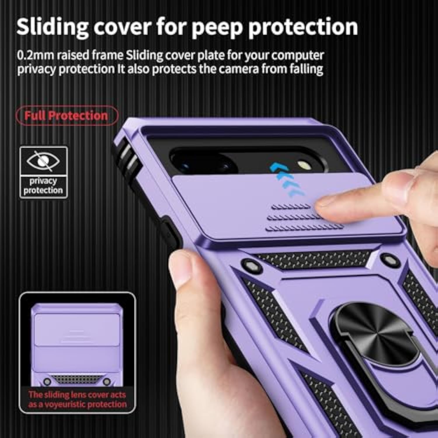 For Google Pixel 6A Case With Camera Lens Cover Hd Screen Protector, 10 Ft Military Grade Drop Protection, Magnetic Ring Holder Kickstand Protective Phone Case,Lavender
