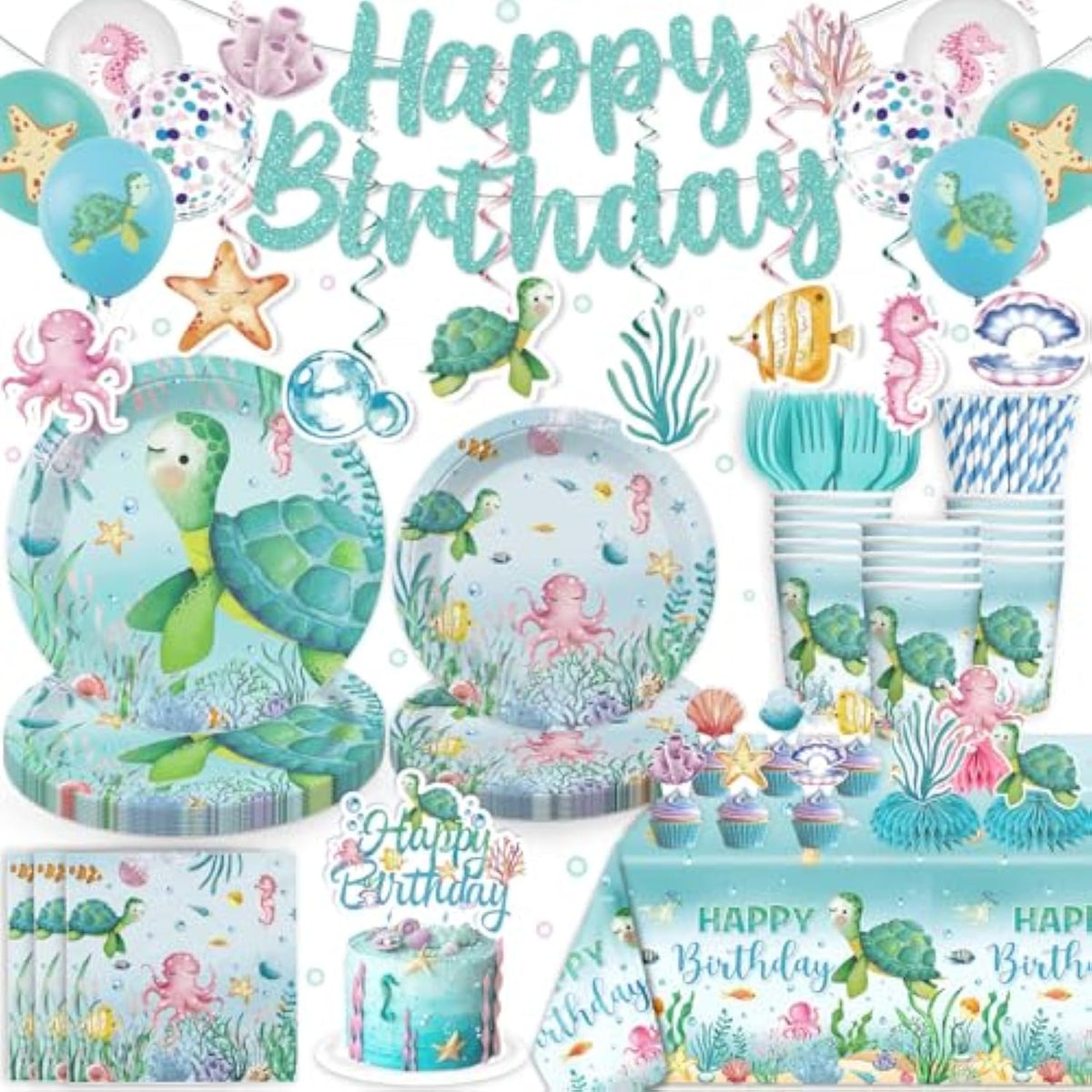 201 Pieces Ocean Party Decorations, All-In-One Sea Turtle Birthday Party Pack, Includes Banner, Plates, Tablecloth, Cake Toppers, Balloons, Under The Sea Decorations For 25 Guests