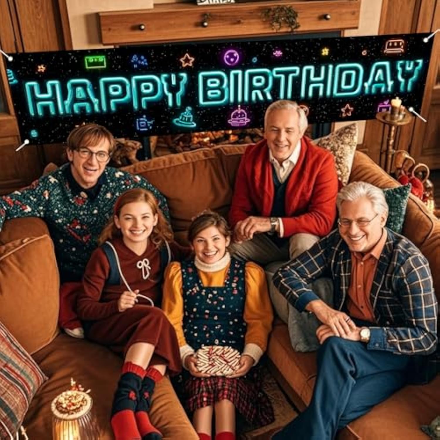 Happy Birthday Yard Banner - 78.7X17.7 Inch Neon Galaxy & Retro Arcade Icons Design, Outdoor/Indoor Giant Happy Birthday Yard Sign For Birthday Decor