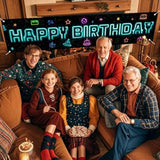 Happy Birthday Yard Banner - 78.7X17.7 Inch Neon Galaxy & Retro Arcade Icons Design, Outdoor/Indoor Giant Happy Birthday Yard Sign For Birthday Decor