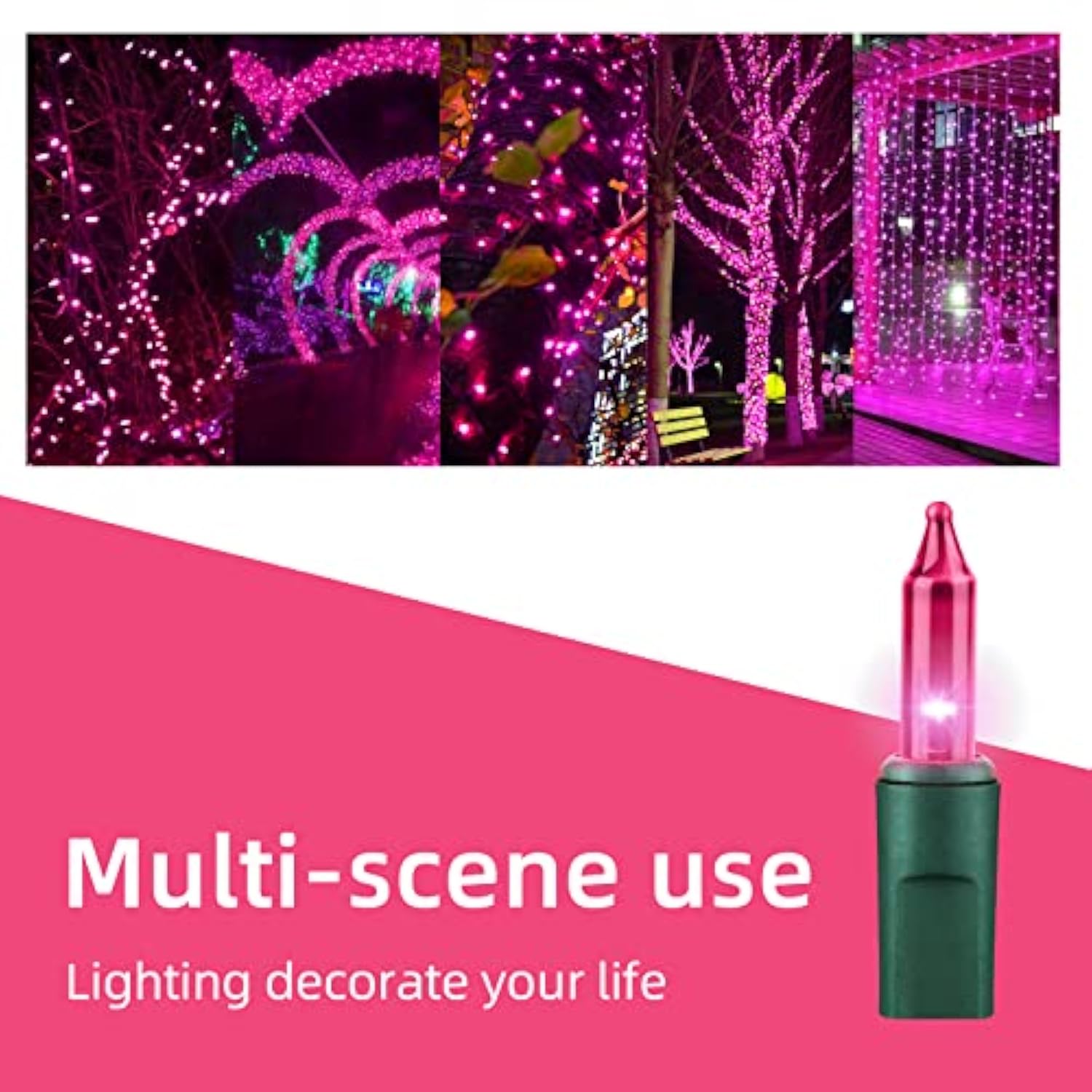 19.6Ft Green Wire Pink String Lights, 100 Count Incandescent Christmas Lights, (Pink, 100 Lights)