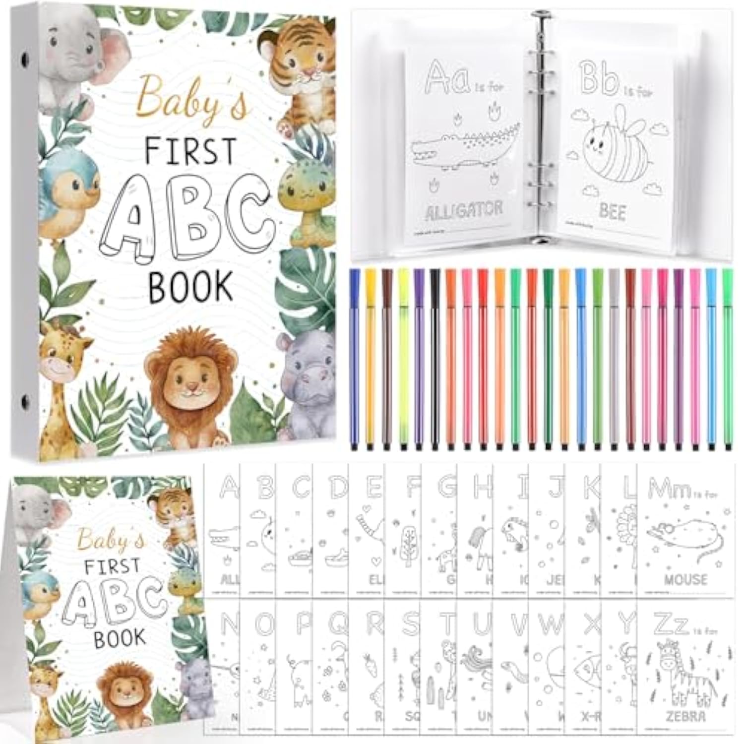 Baby Shower Games Baby'S First Abc Coloring Book 26 Curious Baby Activity Cards Animal Alphabet A To Z Coloring Card With 24 Watercolor Pen(Safari)