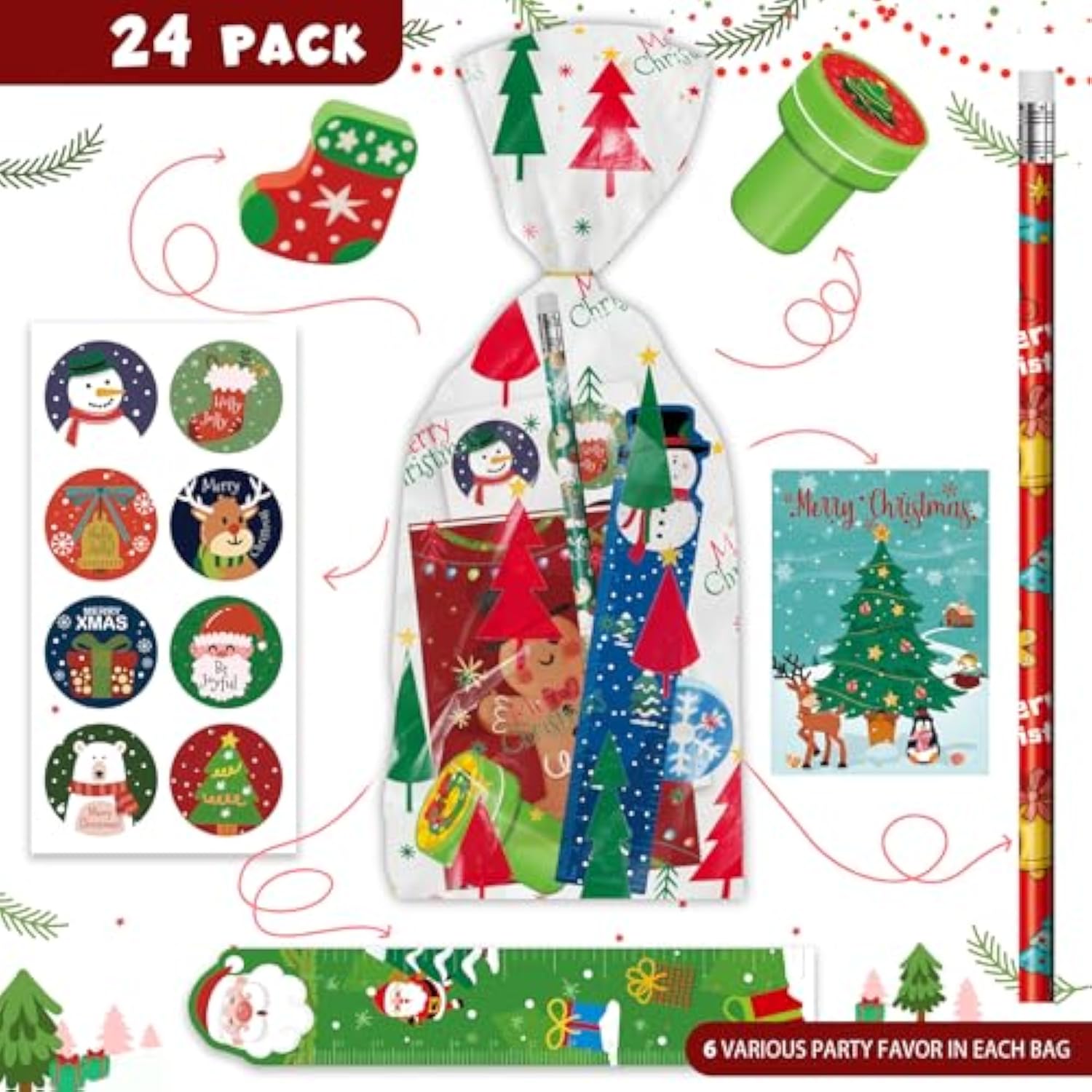 Christmas Party Favors For Kids, 168 Pcs 24-Pack Stationery Set For Stocking Stuffers, Themed Classroom Gift Exchange, Carnival Events, Class Reward Gifts And Prizes