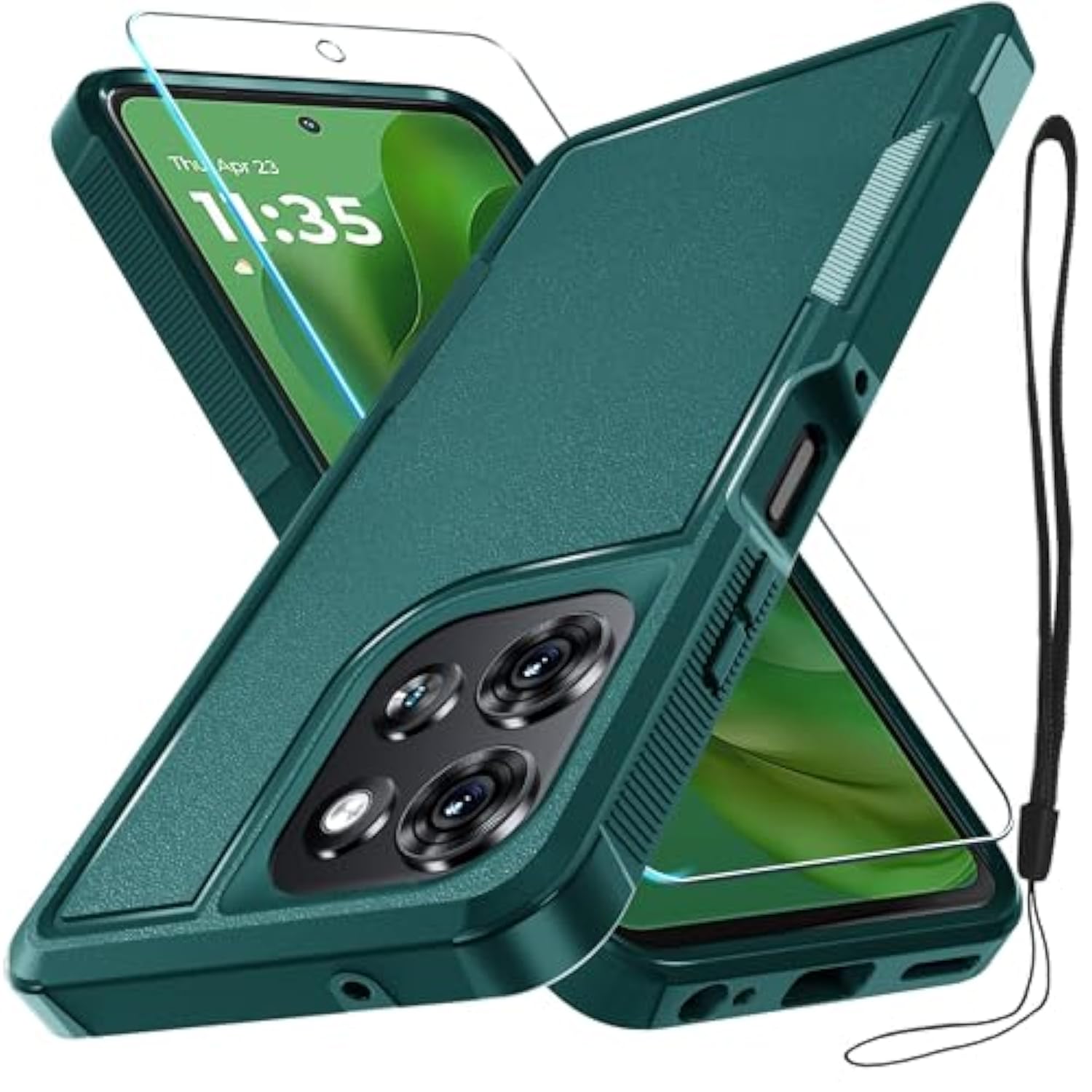 For Moto G Power 5G 2025 Case, Full Body Heavy Duty Rugged Shockproof Protective Phone Cover With Lanyard Strap, Tempered Glass Screen Protector, Dark Green