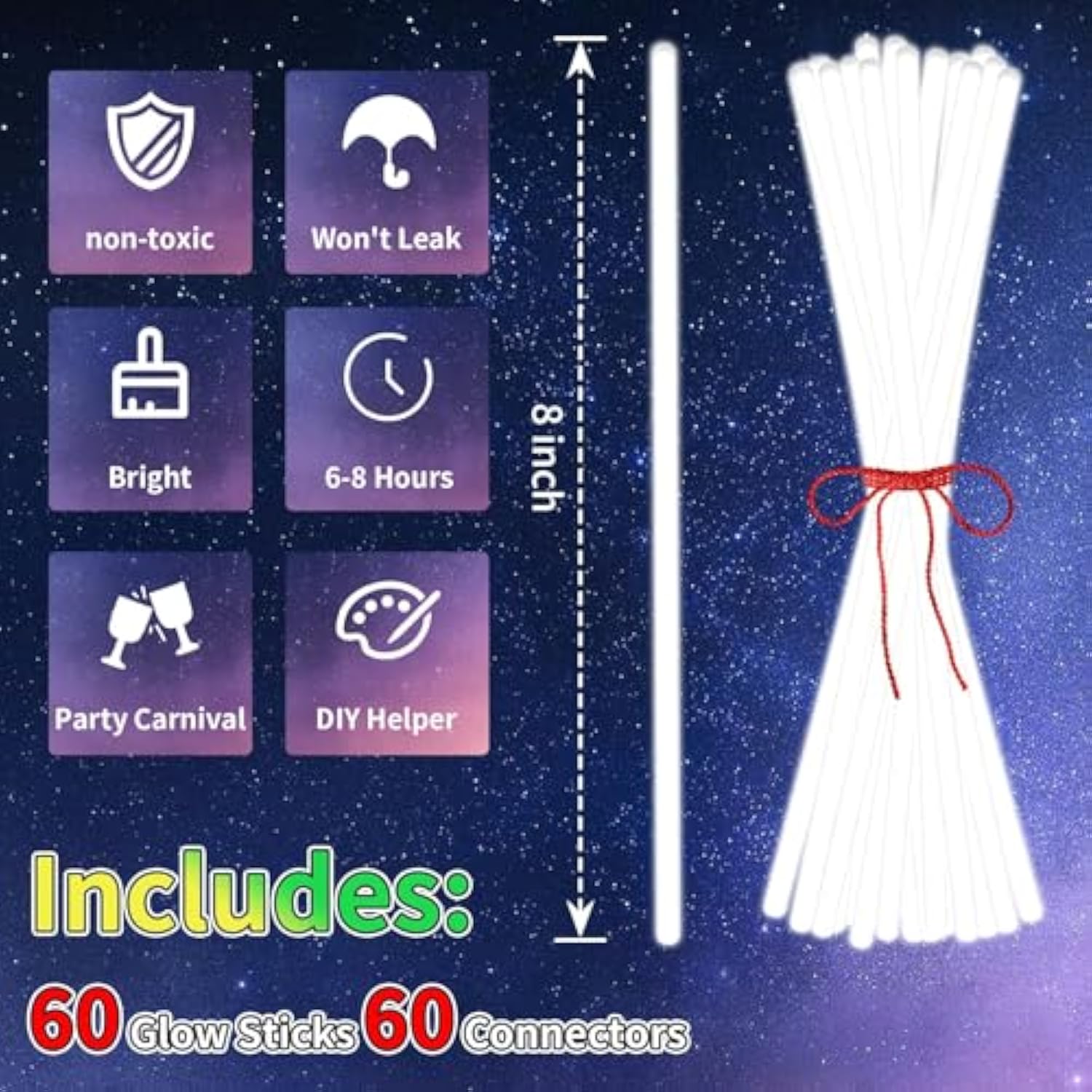 60pc 8in White Glow Sticks with Connectors Neon Party Favors Bulk