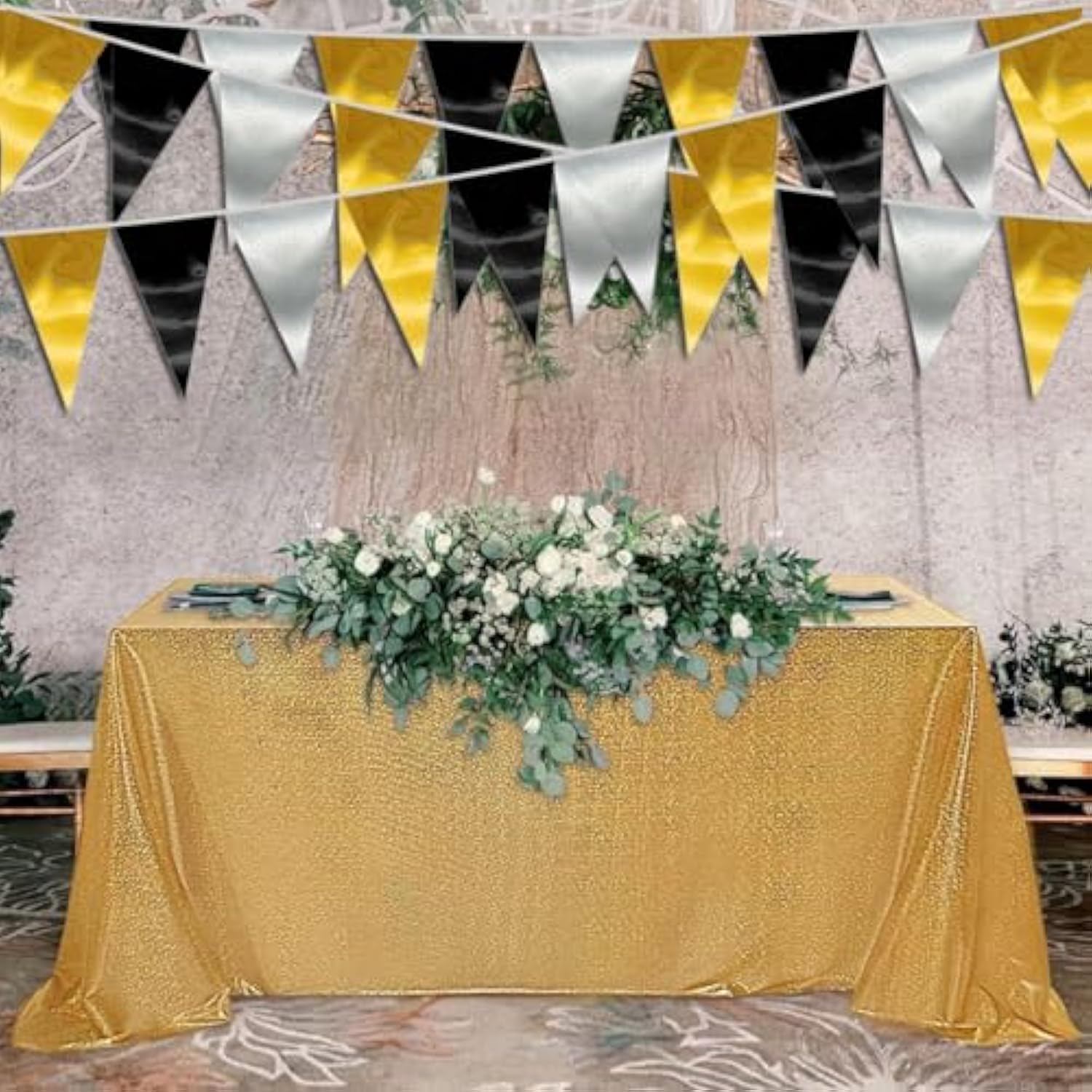 20M/65Ft Black Gold Silver Triangle Pennant Banner Flag Metallic Fabric Bunting Garland For Christmas Wall Hanging,Graduation Decorations, New Years Decorations,Father' Da
