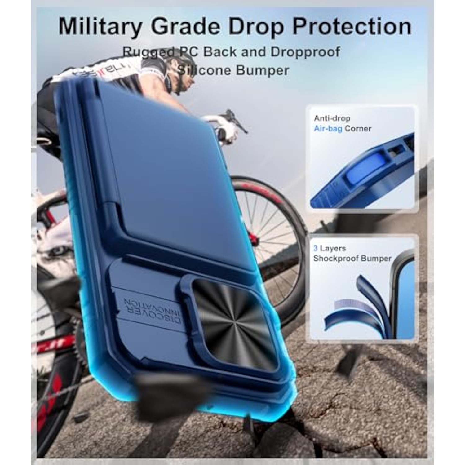 iPhone 16 Pro Case with Card Holder, Slide Camera Cover, Military-Grade Protection, Blue
