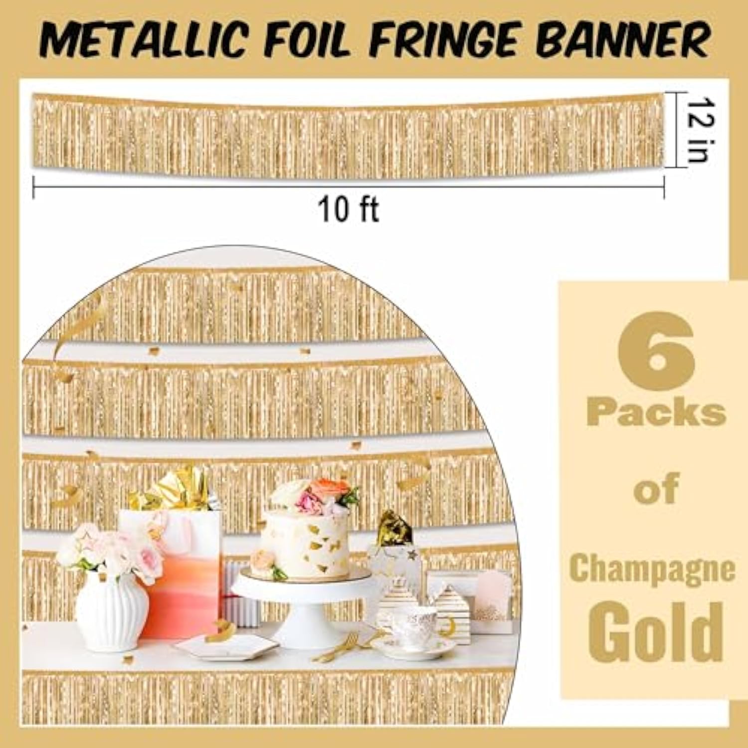 6 Pack 10 Ft Champagne Gold Foil Fringe Garland Metallic Streamers Tinsel Banner Wall Hanging Garland Backdrop For Parade Floats, Halloween, Christmas, Thanksgiving, New Year Party Decorations