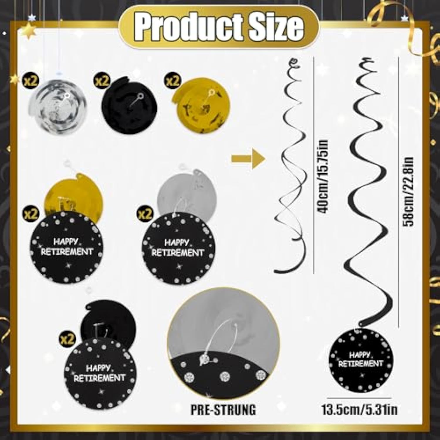 Black and Gold Retirement Party Decorations Kit Banner & Hanging Swirls for Men and Women