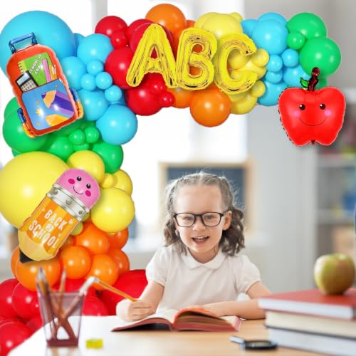 Back to School Balloon Garland Arch Kit,153Pcs Rainbow Balloons with Pencil Apple School Bus Foil Balloons for First Day of School Preschool Kindergarten Party Decorations