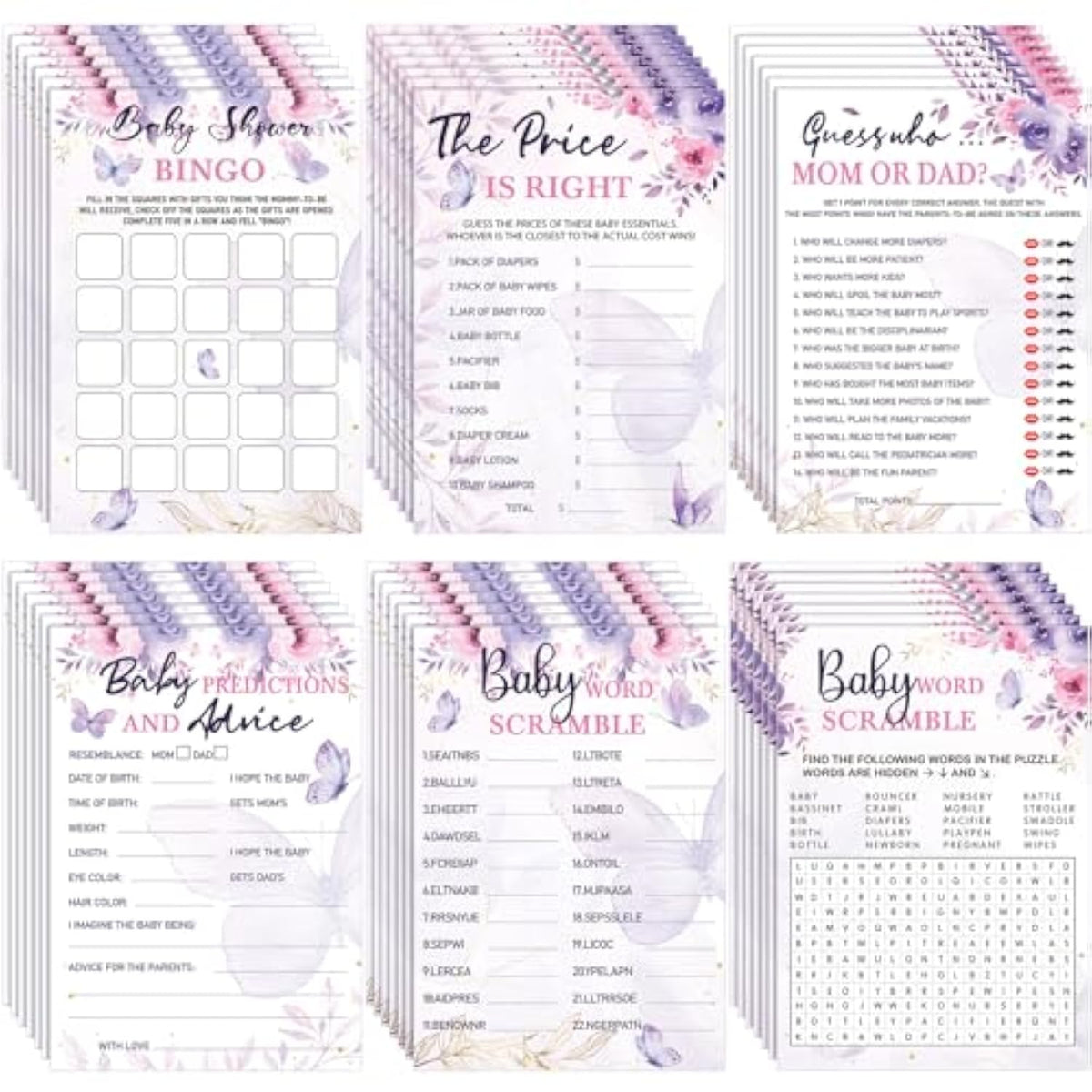 302 Pcs Butterfly Theme Baby Shower Games - 6 Games, 50 Sheets Each - Shower Party Bingo, Word Scramble, Word Search, Predictions And Advice, The Price Is Right, Guess Who