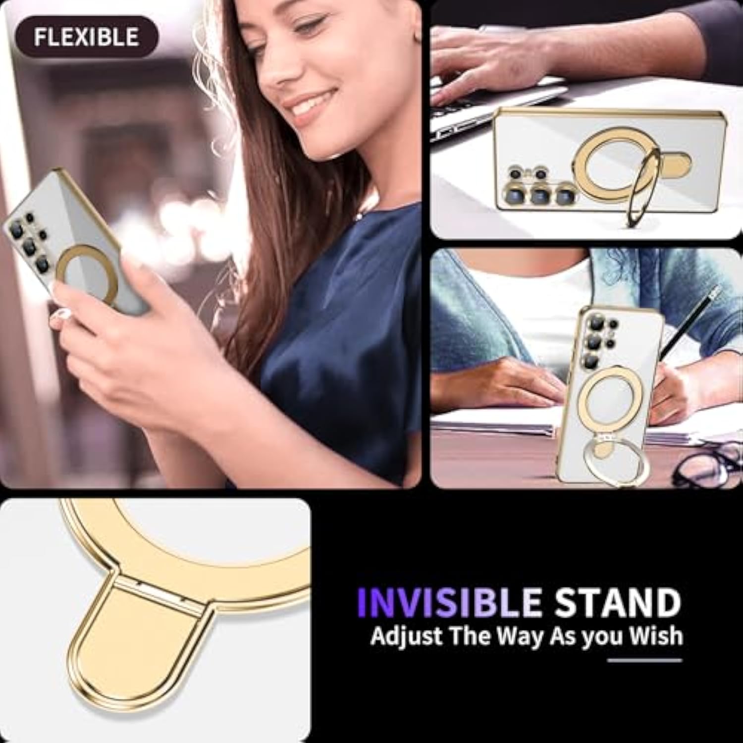 Magnetic Stand & Full Camera Lens Protector Case For Samsung Galaxy S25 Ultra[Compatible With Magsafe][Military Drop Protective] Not Yellowing Clear Slim Soft S25 Ultra Phone Case For Women Men,Gold