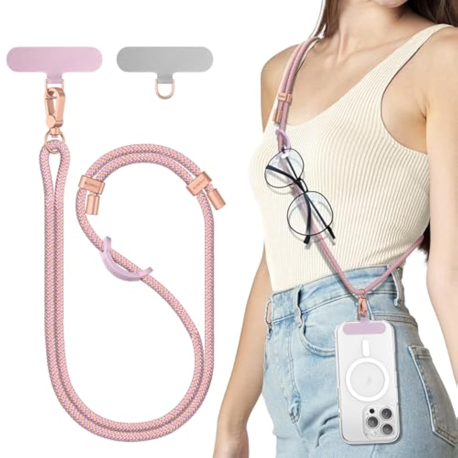 Phone Lanyard Crossbody, Adjustable Cell Phone Lanyard With 2 Pack Phone Tether Tab, Two-Color Braided Phone Strap With Carabiner, Pink & Purple