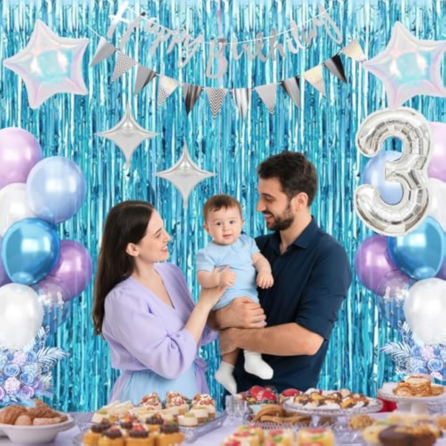 3Rd Snow Birthday Decorations For Girl, Blue Purple Balloons With Happy Birthday Banner Curtain Silver Number 3 Balloon Iridescent Star Foil Balloons For Girls Baby Shower Birthday Party Supplies