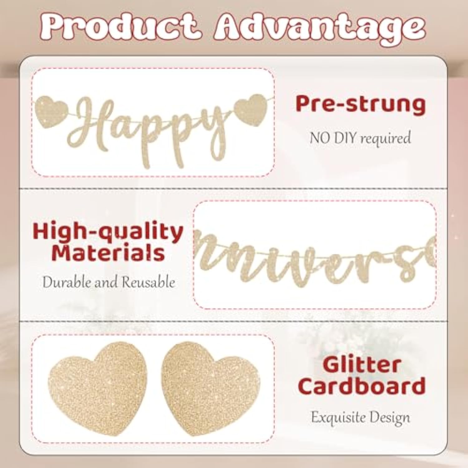Happy Anniversary Banner, Pre-Strung Gold Glitter Wedding Anniversary Decorations Romantic, Couples Shower Decorations Banner For Happy Wedding Reception Day Bridal Shower Party