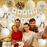 Golden Birthday Party Decorations, Gold Party Decorations, White And Gold Balloons Happy Birthday Banner Tablecloth Fringe Curtain Paper Pom Poms Kids Women Men Girls Boys Birthday Golden Bday Decor