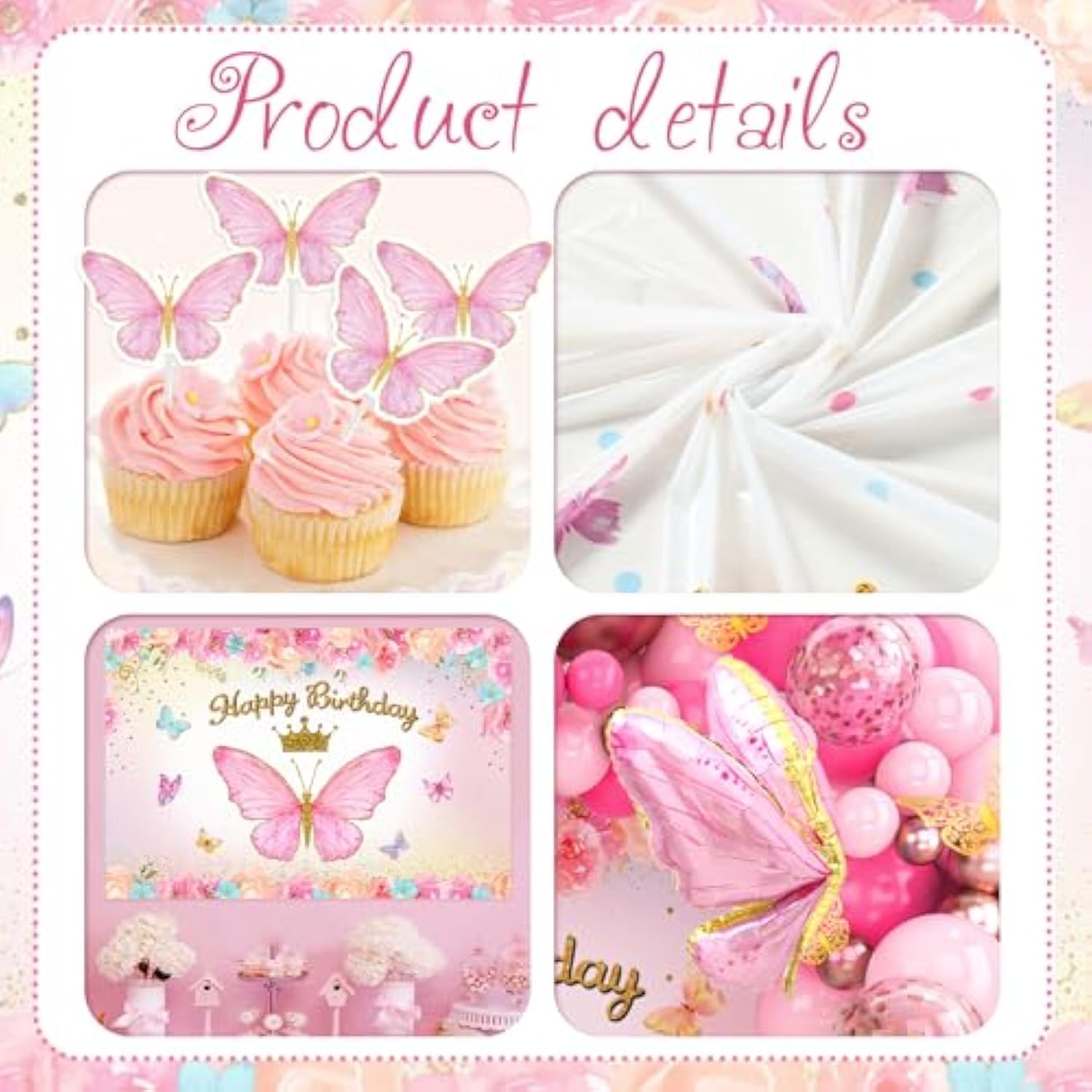106pcs Butterfly Birthday Kit with Pink Balloons, Backdrop & Tablecloth for Girls